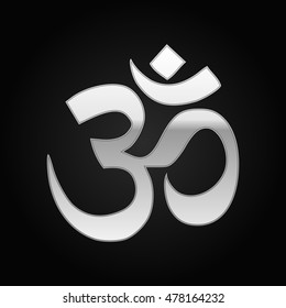 Realistic Silver sign Om. Symbol of Buddhism and Hinduism religions icon on black background. Vector Illustration