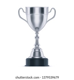 Realistic or silver sport trophy, soccer award for second place. 3d metal cup for runner-up at race, football championship. Gray runner up prize. Icon for competition ceremony. Achievement and game