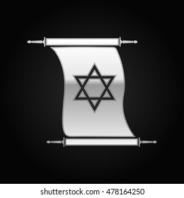 Realistic Silver Star of David on scroll icon on black background. Vector Illustration
