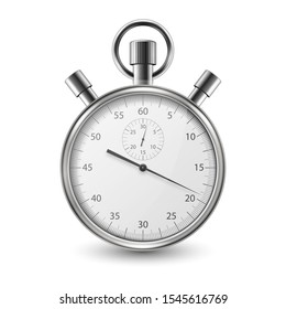 Realistic Silver Steel Classic Stopwatch Icon Closeup Isolated on White Background. Stop-watch Design Template. Sport Timer on Competitions. Start, Finish, Time Management. Stock Vector Illustration
