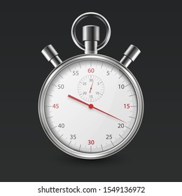 Realistic Silver Steel Classic Stopwatch Icon Closeup Isolated on Black Background. Stop-watch Design Template. Sport Timer on Competitions. Start, Finish, Time Management. Stock Vector Illustration