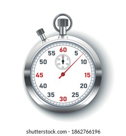 Realistic silver Stopwatch with red arrow vector illustration. Time icon vector three dimensional high angle front view.