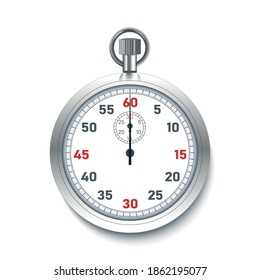 Ilustración vectorial Stopwatch de plata realista. Icono de tiempo vector vista frontal tridimensional de alto ángulo.