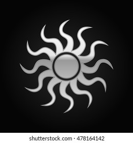 Realistic Silver Sun-sign icon on black background. Vector Illustration