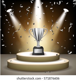 Realistic Silver Trophy on stage with confetti falling and illuminated spotlights, Vector Illustration