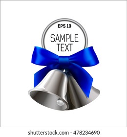 realistic silver two bell with blue bow,on the ring
