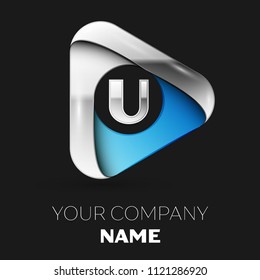 Realistic Silver U Letter logo symbol in silver-blue triangle shape on black background. Vector template for your design