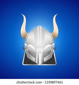 Realistic silver Viking helmet isolated on blue background. Vector Illustration