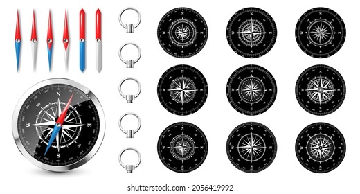 Realistic silver vintage compass with marine wind rose and cardinal directions of North, East, South, West. Shiny metal navigational compass. Cartography and navigation. Vector illustration.