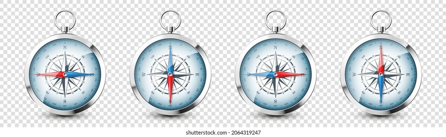 Realistic silver vintage compass with marine wind rose and cardinal directions of North, East, South, West. Shiny metal navigational compass. Cartography and navigation. Vector illustration.