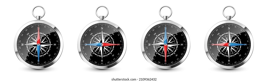 Realistic silver vintage compass with marine wind rose and cardinal directions of North, East, South, West. Shiny metal navigational compass. Cartography and navigation. Vector illustration.