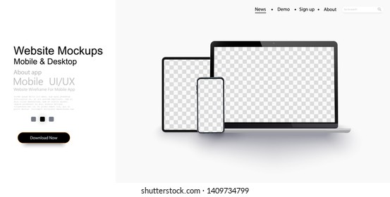 Realistic silver  white laptop,smartphone, tablet with blank screen and shadow. Can use for project, presentation. Blank device mock up.