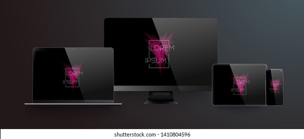 Realistic silver  white laptop,smartphone, tablet with black screen and shadow. Can use for project, presentation. Blank device mock up. Vector illustration