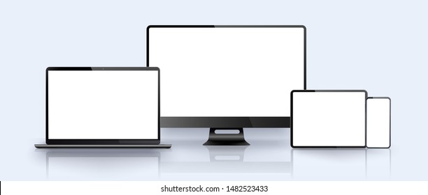 Realistic silver white laptop,smartphone, tablet with white screen and shadow. Can use for project, isolated device screen for graphics presentations. Blank device mock up. Vector illustration