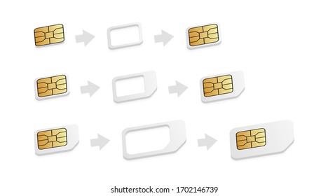Realistic SIM card adapters. eSIM to Nano, Nano to Micro, Micro to Normal sim-card converter set.
