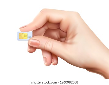 Realistic sim card hand composition with little plastic card in hands on white background vector illustration