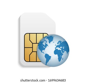 Realistic SIM card with planet illustration. Global phone card.