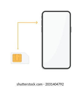 Realistic sim card and Smartphone with blank screen, isolated on white background.  Modern Mobile phone Front view. Smart Phones mockup design. Vector illustration EPS 10. 