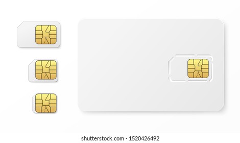 Realistic sim cards set with standard mini micro and nano sim cards for mobile phones. Isolated vector illustration