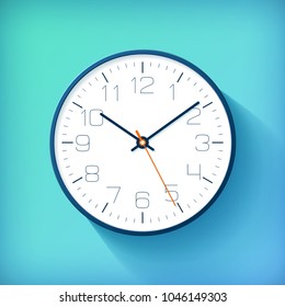 Realistic simple Clock in flat style with numbers, watch on blue and green background. Business illustration for you presentation. Vector design object
