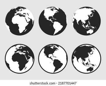 Realistic simple gray world map illustration in globe shape isolated on background. Vector icon set of globes of earth