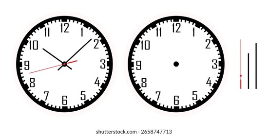 Realista simples minimalista redondo pendurado relógio de parede isolado com mostrador clássico, ponteiros de hora e minuto, design moderno simples, isolado no fundo branco ideal para o escritório em casa ou uso infográfico.