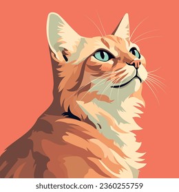 Realistic simple orange and white cat on a bright background. The animal is looking up. Illustration, vector, stylish design