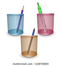 Realistic simple pencil, pen and Drawing compass, office and stationery in the basket on white background, vector illustration