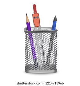 Realistic simple pencil, pen and Drawing compass, office and stationery in the basket on white background, vector illustration