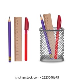 Realistic simple pencil, pen and Drawing compass, office and stationery in the basket on white background, vector format