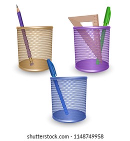 Realistic simple pencil, ruler, green and blue pens, office and stationery in the basket on white background, vector illustration