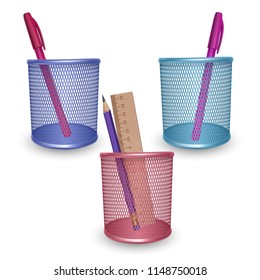Realistic simple pencil, ruler and pens, office and stationery in the basket on white background, vector illustration