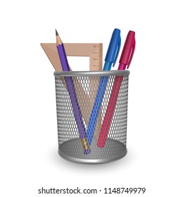 Realistic simple pencil, ruler, red and blue pens, office and stationery in the basket on white background, vector illustration