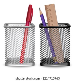 Realistic simple pencil, ruler and red pen, office and stationery in the basket on white background, vector illustration