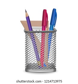 Realistic simple pencil, ruler, red and blue pens, office and stationery in the basket on white background, vector illustration