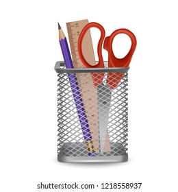 Realistic simple pencil, ruler and red Scissors office and stationery in the basket on white background, vector illustration
