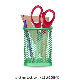 Realistic simple pencil, ruler and red Scissors office and stationery in the basket on white background, vector illustration