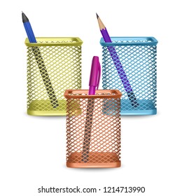 Realistic simple pencil and two pens, office and stationery in the basket on white background, vector illustration