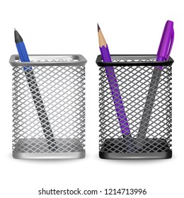 Realistic simple pencil and two pens, office and stationery in the basket on white background, vector illustration