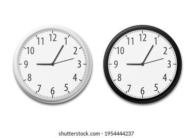  Realistic Simple Round Wall Office Clock.  Vector illustration. Eps 10.