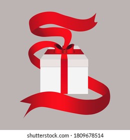 Realistic simple white gift box tied with red bow. Isolated on grey  background. Christmas present packaging. Decorative design template.
