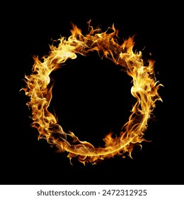 Realistic single fire burning frame, circle, round, ring of fire flame black background. Vector illustration