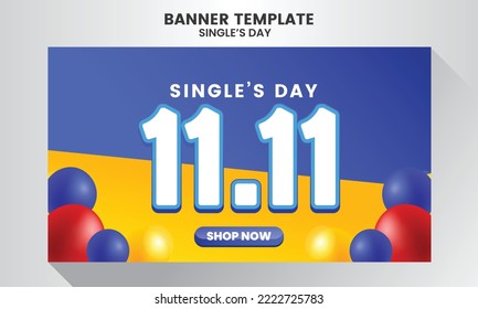 Realistic single's day sale illustration banner template with colourfull baloon. Blue Yeloow background