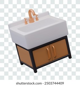 Realistic sink with faucet, cabinet. Classic sanitary ware for bathroom