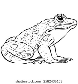 Realistic sitting frog side view. Amphibian reptile. Vector illustrations in hand drawn sketch style isolated on white. Black outline animal graphic. Design for coloring book page, print