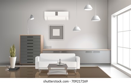 Realistic Sitting Room Interior 3d Design With Hanging Lamps, Furniture, Conditioner On Wall Glossy Floor Vector Illustration