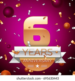 Realistic Six Years Anniversary Celebration Design. Golden numbers and silver ribbon, confetti on purple background. Colorful Vector template elements for your birthday party