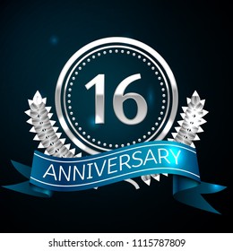 Realistic Sixteen Years Anniversary Celebration Design with Silver Ring and Laurel Wreath, blue ribbon on blue background. Colorful Vector template elements for your birthday celebrating party