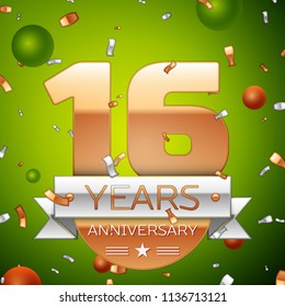 Realistic Sixteen Years Anniversary Celebration design banner. Gold numbers and silver ribbon, balloons, confetti on green background. Colorful Vector template elements for your birthday party