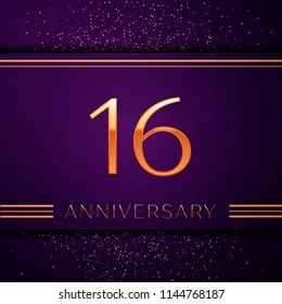 Realistic Sixteen Years Anniversary Celebration design banner. Golden number and confetti on purple background. Colorful Vector template elements for your birthday party